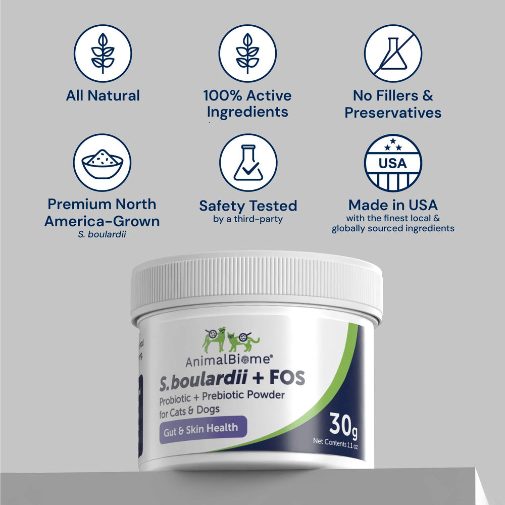 AnimalBiome S boulardii + FOS powder dosing spoon shows easy daily administration.