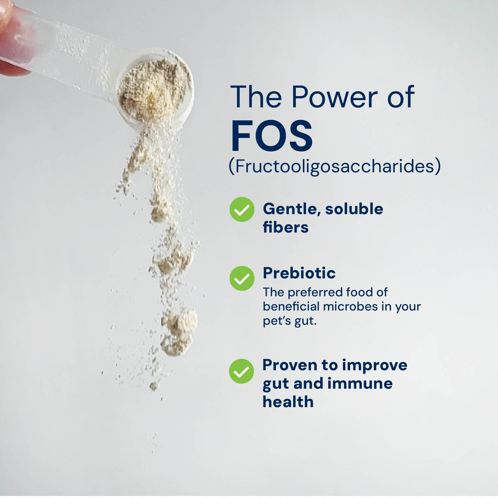 AnimalBiome S boulardii + FOS powder label emphasizes prebiotic FOS from non-GMO beet sugar.