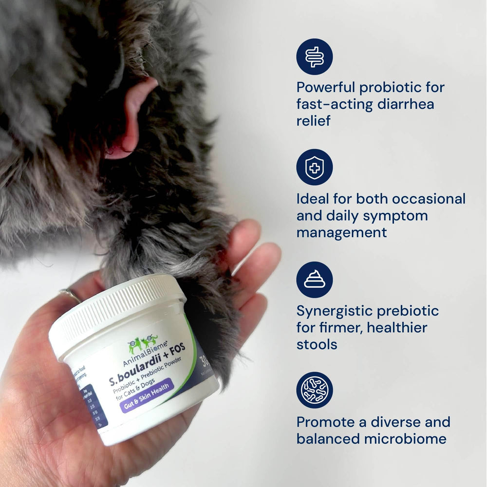 AnimalBiome S boulardii + FOS powder pour into bowl demonstrates quick meal mixing.