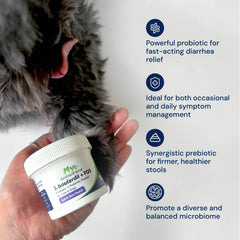 AnimalBiome S boulardii + FOS powder pour into bowl demonstrates quick meal mixing.
