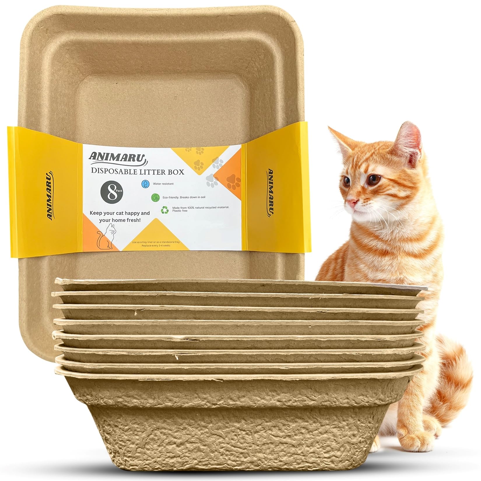 Animaru disposable litter box large 8-pack packaged for easy disposal and eco-friendly use.