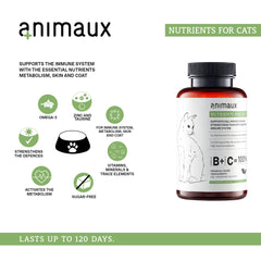 Animaux all natural cat vitamins label highlights ingredients for coat health.