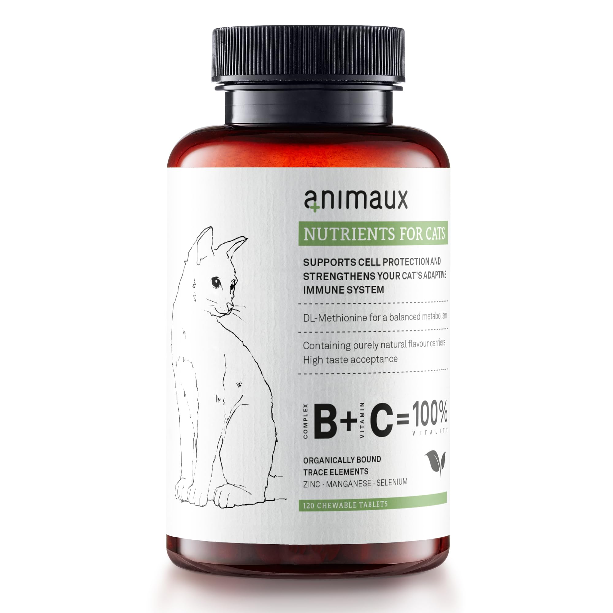 Animaux cat nutrients tablets bottle showing daily immune support potential.