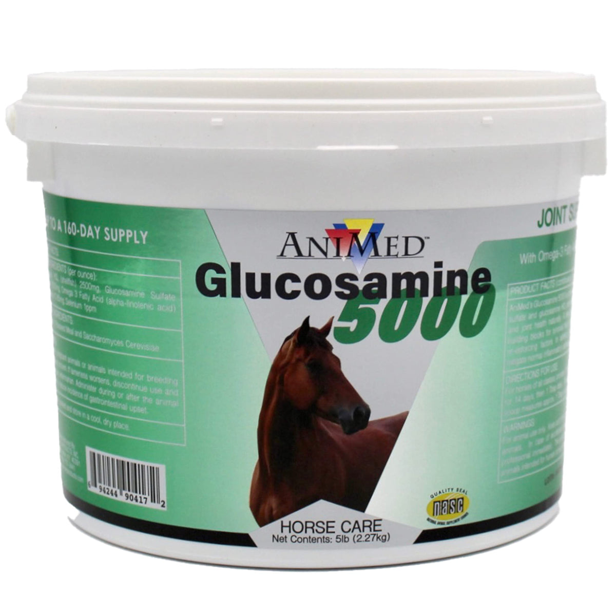 ANIMED Glucosamine 5000 horse bottle emphasizing joint support and omega-3 benefits.