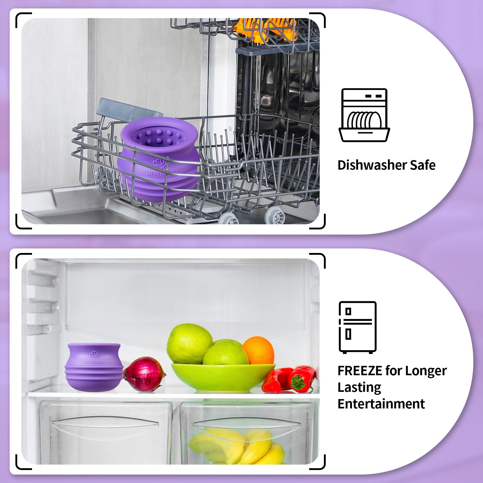 Animire interactive-puzzle-toy purple closeup highlights treat-dispensing challenge.