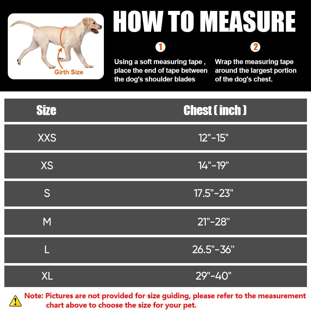 Animire size chart dog harness S-XL guiding proper fit