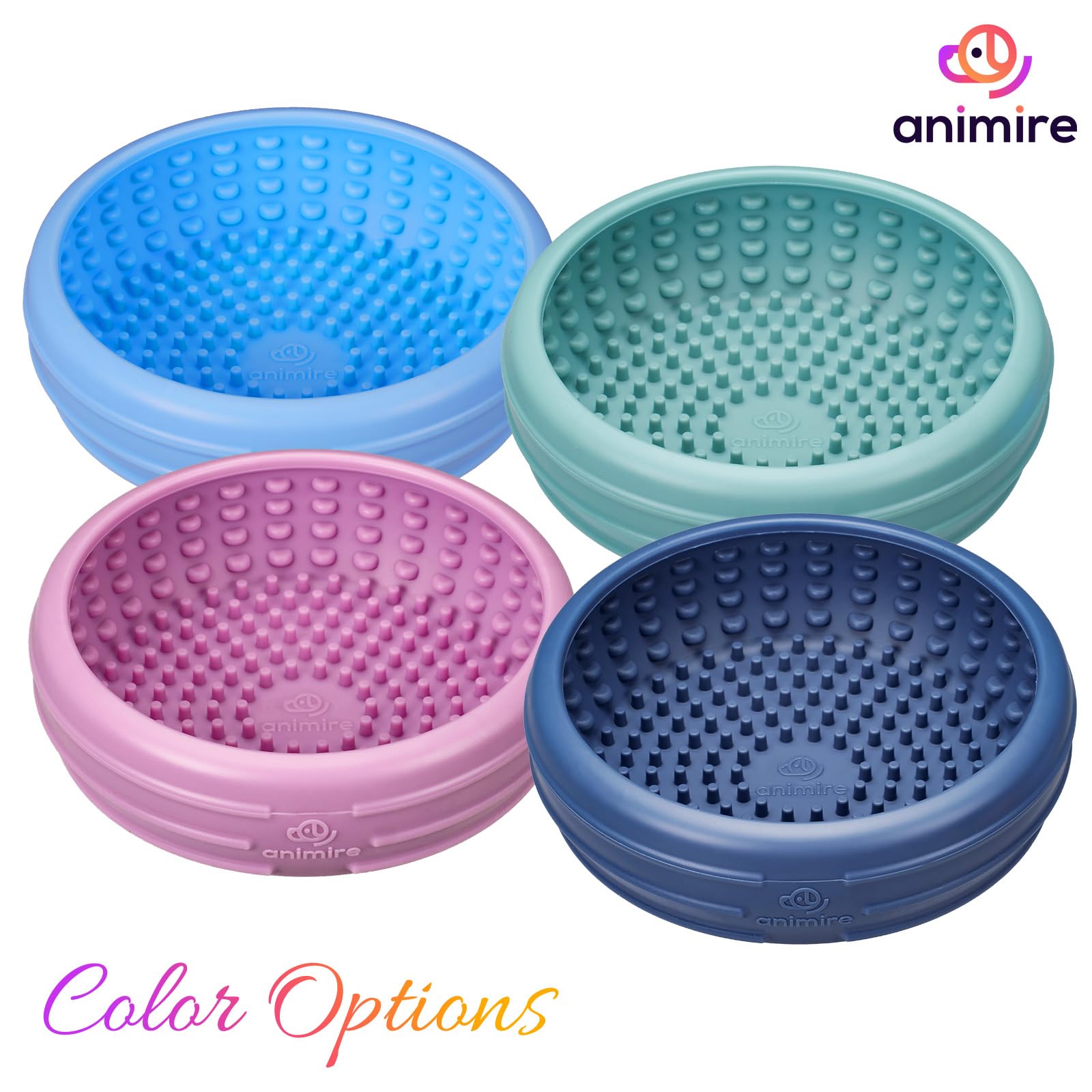Animire teal lick bowl in-use image showcases enrichment during mealtime.