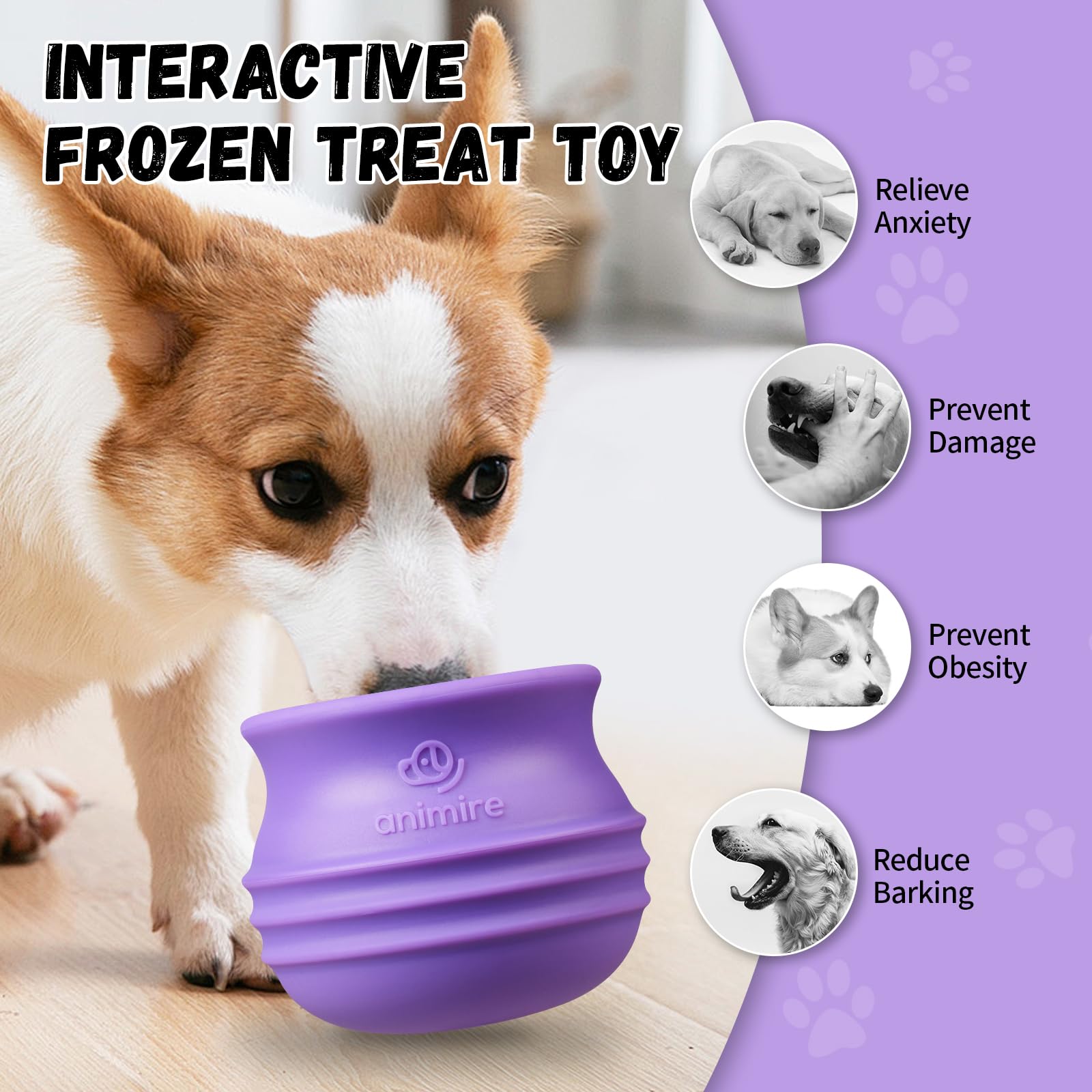 Animire treat-dispensing dog toy purple side view showcases wobble for mental stimulation.