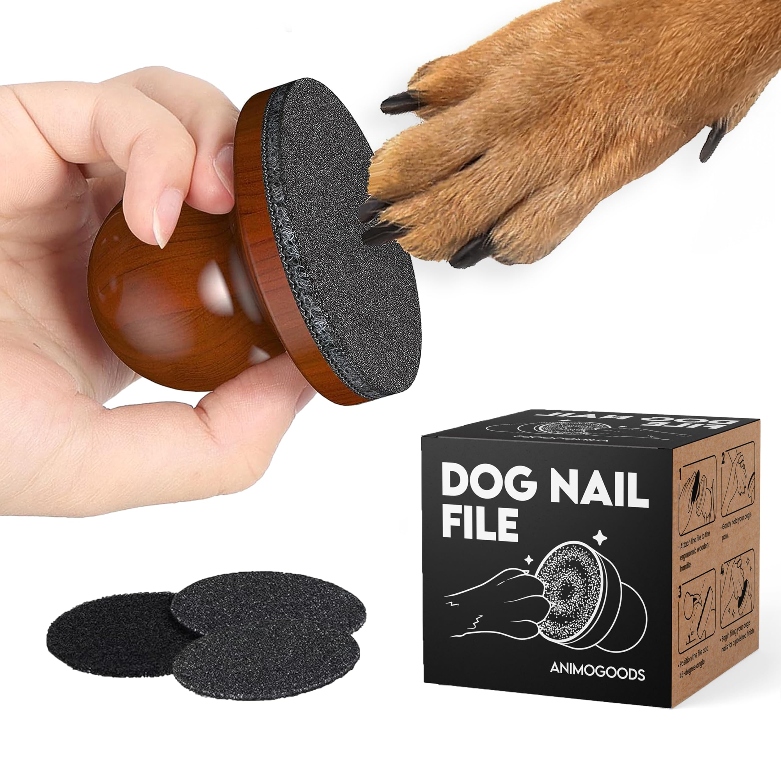 AnimoGoods dog nail file board with ergonomic wooden handle for gentle shaping