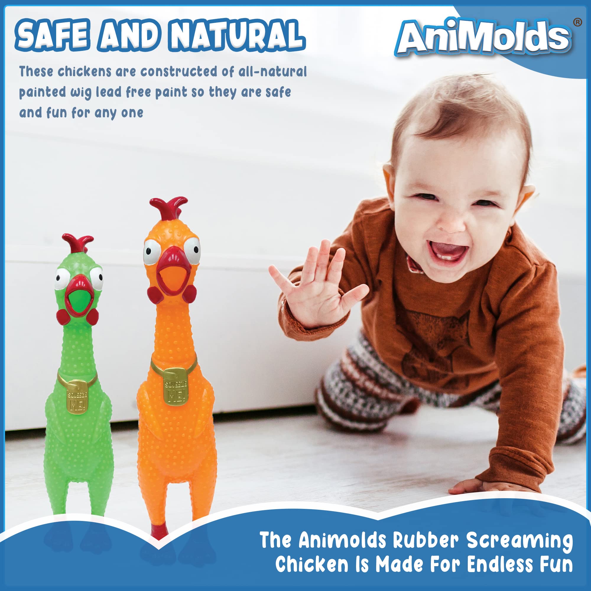 Animolds Squeeze Me Chicken close-up durability shot emphasizes non-toxic rubber safety