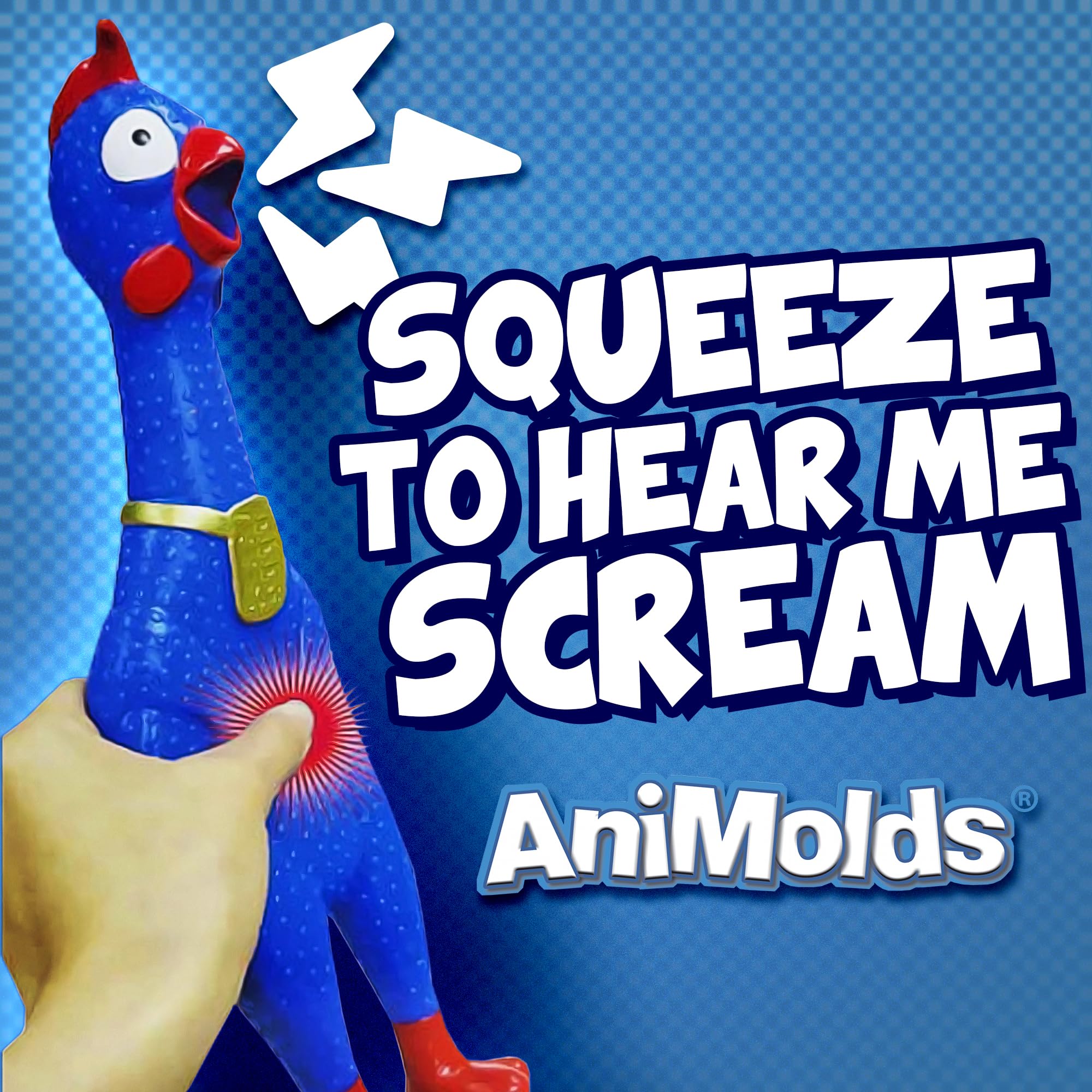 Animolds Squeeze Me Chicken scream action captures loud squeak for instant party laughs
