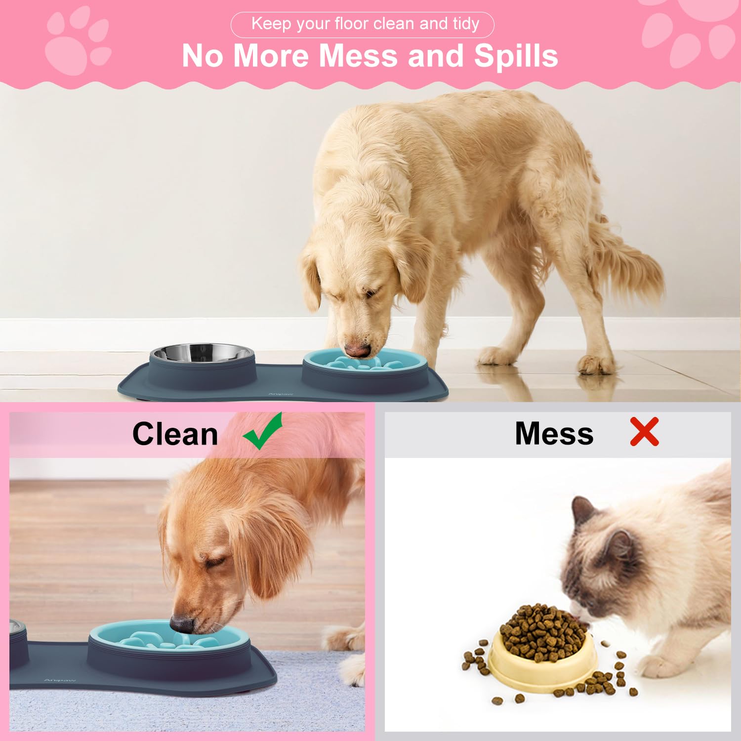 Anipaw mat raised edge catches spills improves floor cleanliness.
