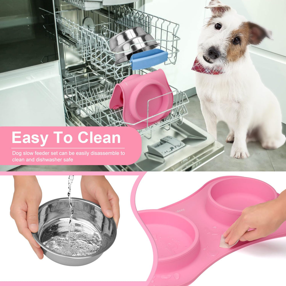 Anipaw non-skid mat on-floor grip keeps bowls stable during eager eating.
