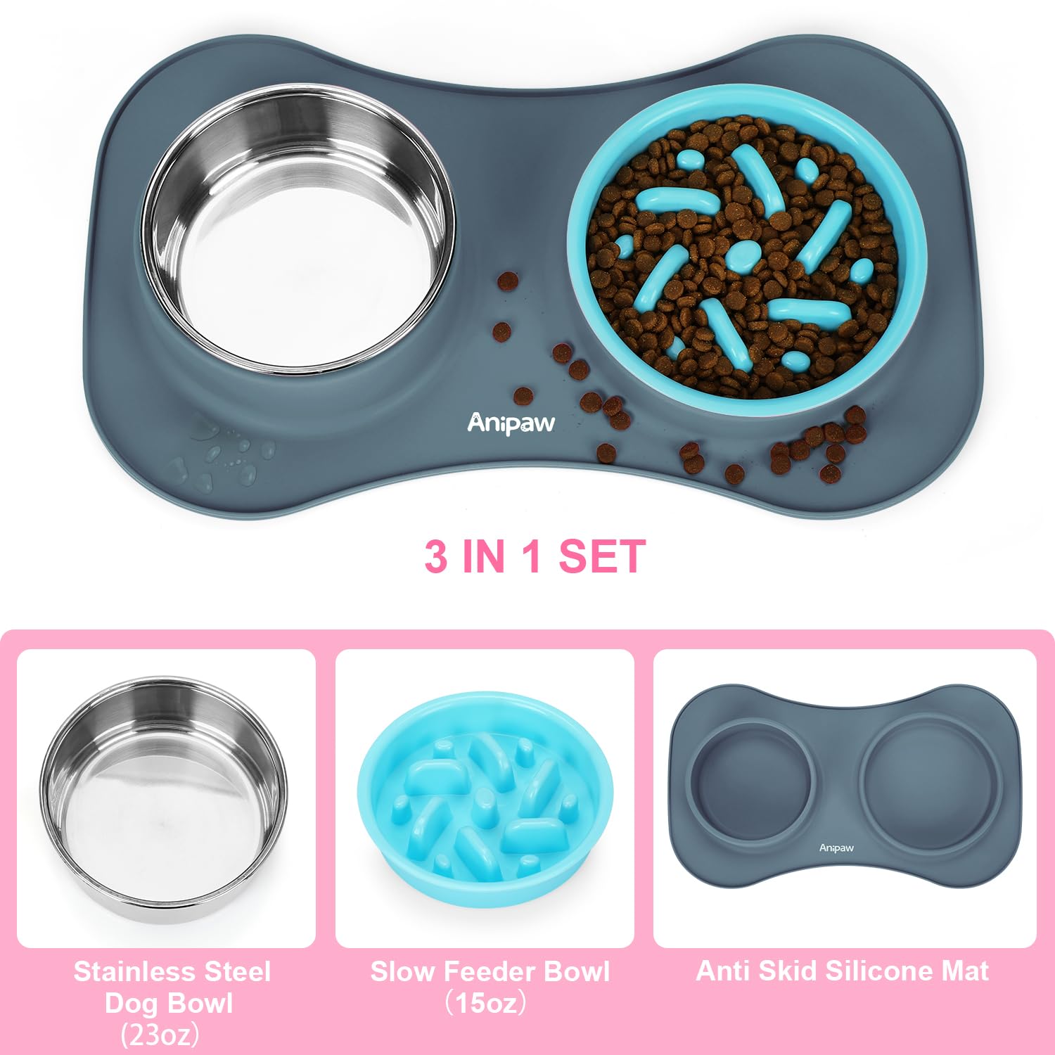 Anipaw non-skid mat with four suction cups keeps bowls steady and mess-free.