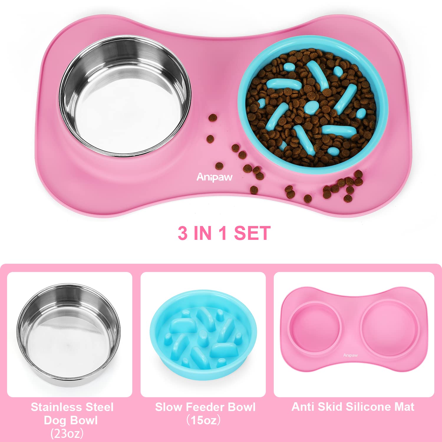 Anipaw plastic slow feeder bowl 15oz view emphasizes durable, pet-safe materials.