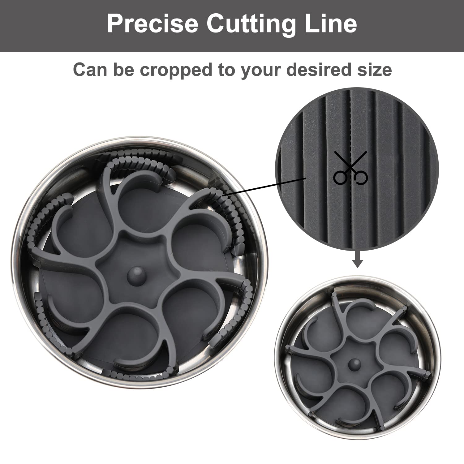 Close-up of adjustable cutting line showing fit from 4 to 11 cup bowls.