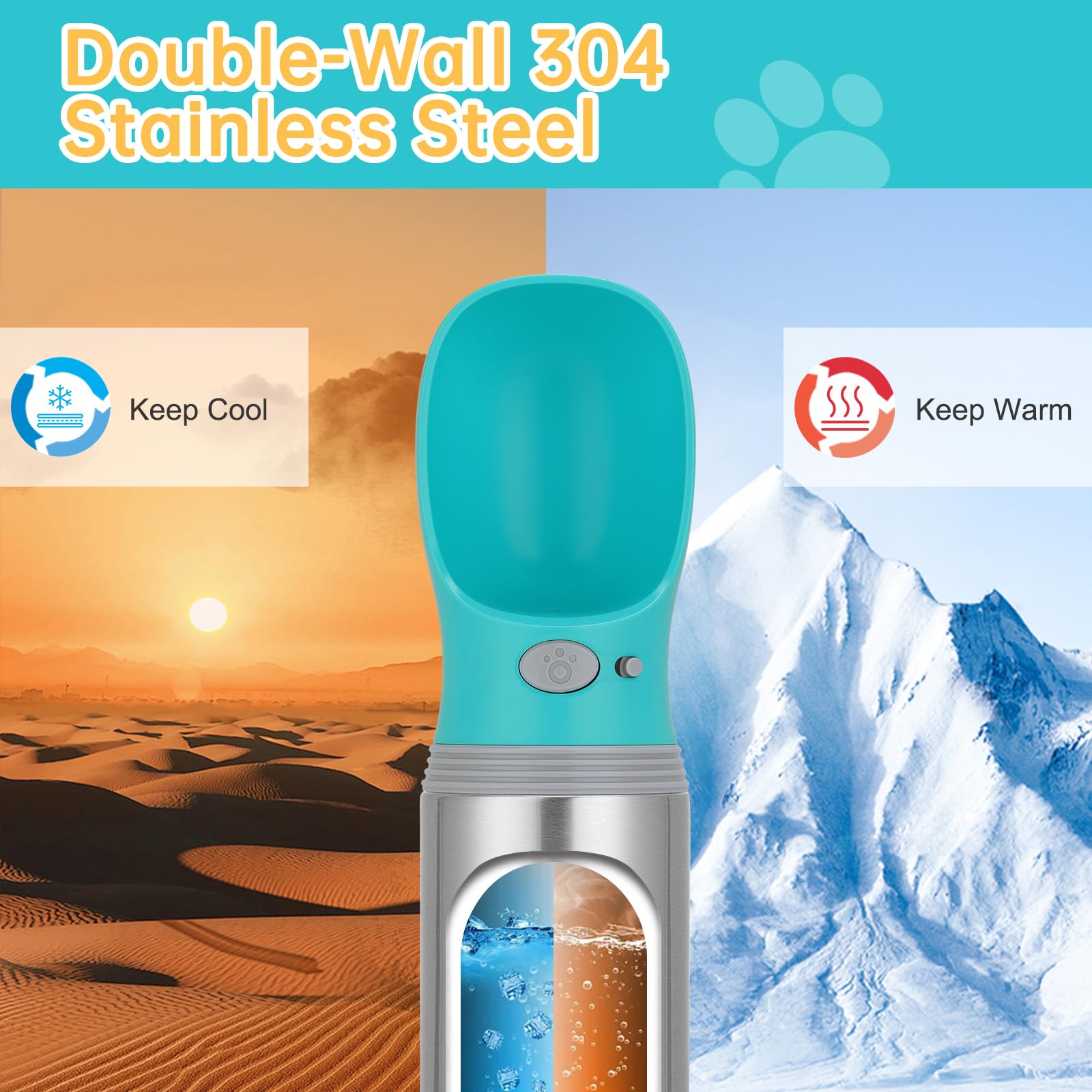 Anipaw stainless-steel dog water bottle close-up emphasizes durable construction for outdoor adventures.