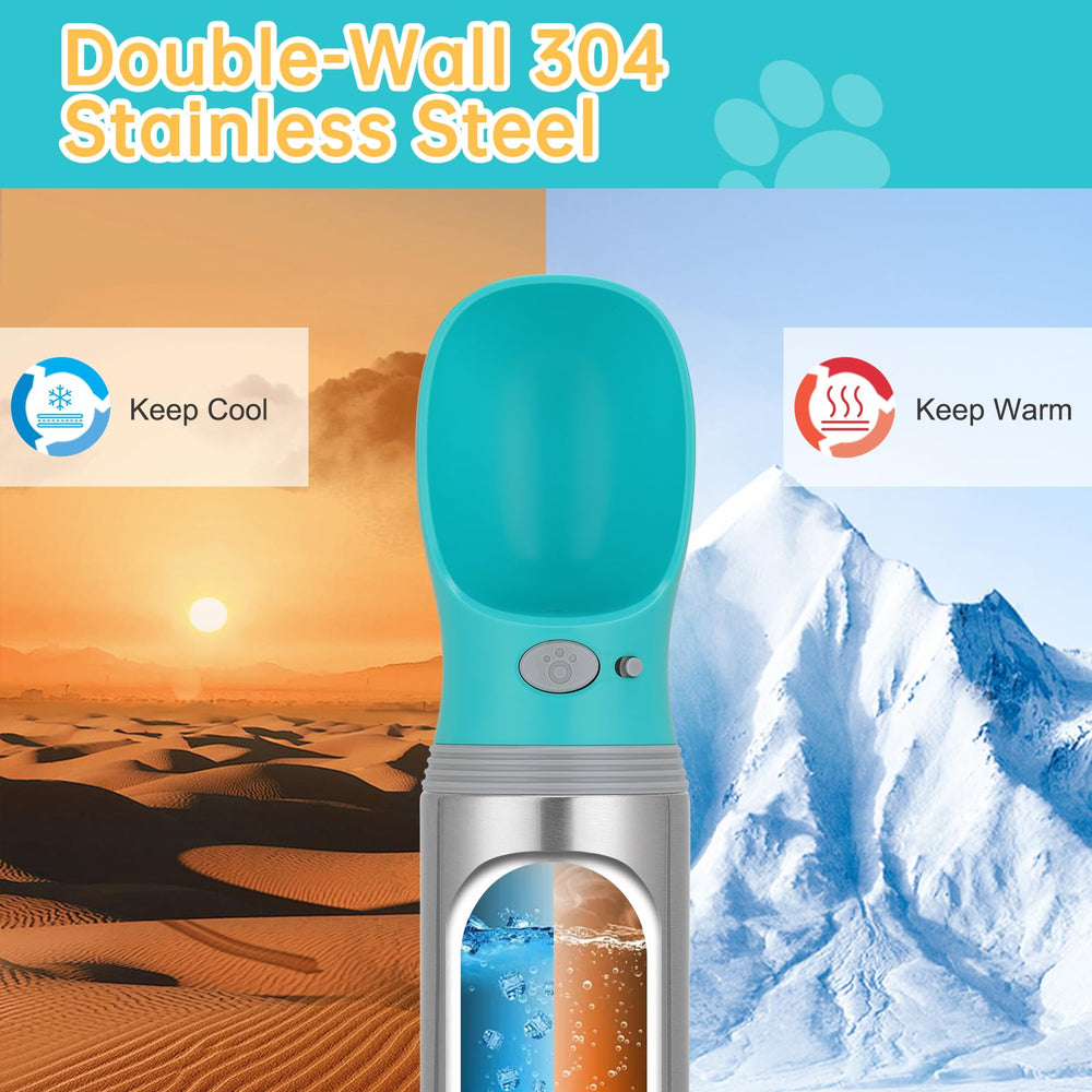 Anipaw stainless-steel dog water bottle close-up emphasizes durable construction for outdoor adventures.
