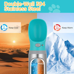 Anipaw stainless-steel dog water bottle close-up emphasizes durable construction for outdoor adventures.