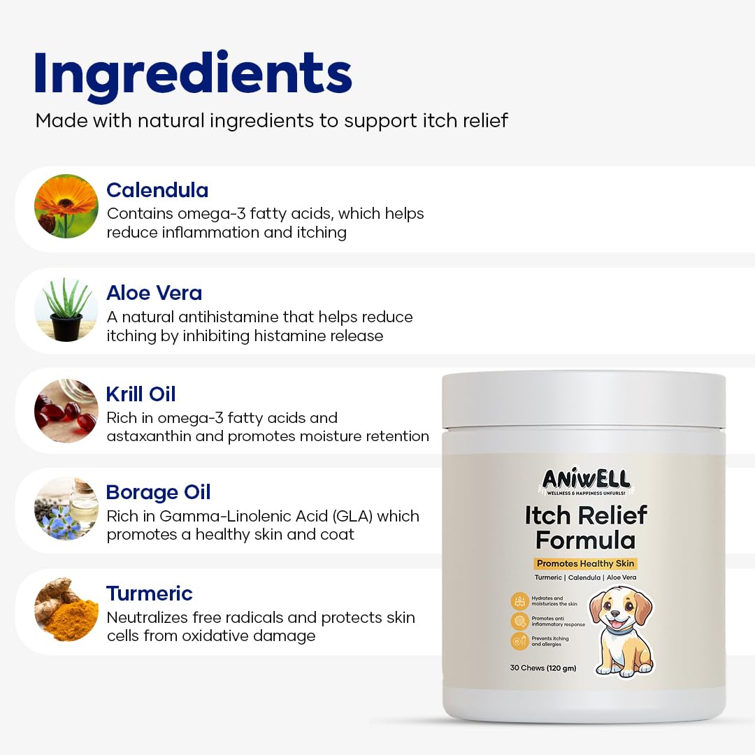 Aniwell Itch Relief Chews bottle closeup highlighting texture and coat health benefits for dogs.