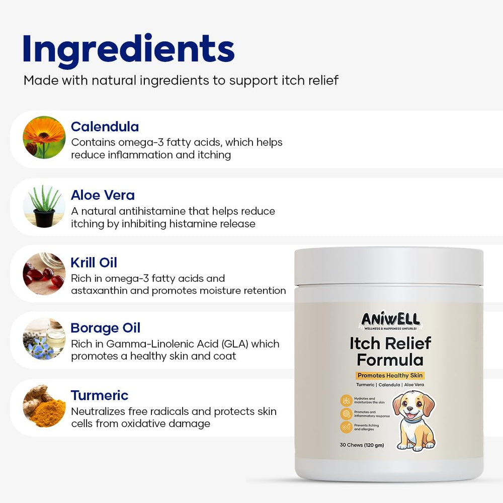 Aniwell Itch Relief Chews bottle closeup highlighting texture and coat health benefits for dogs.