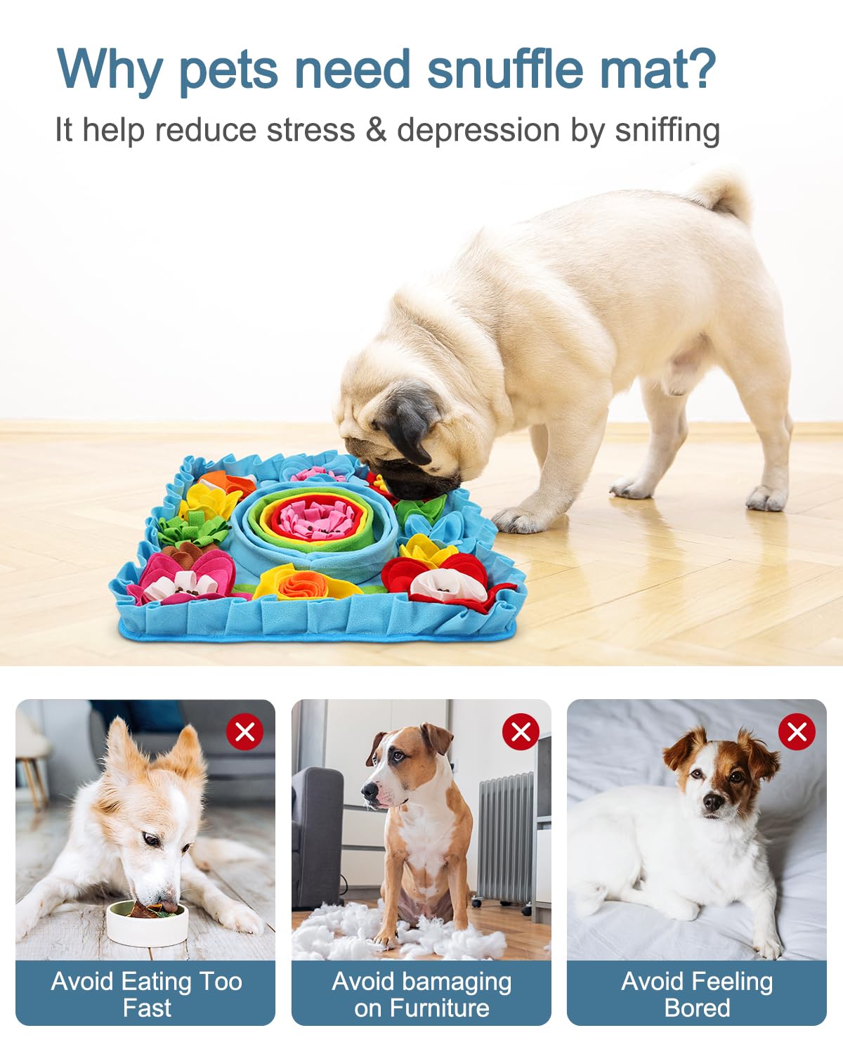 Ankilo snuffle mat non-slip base keeps mat steady on the floor.
