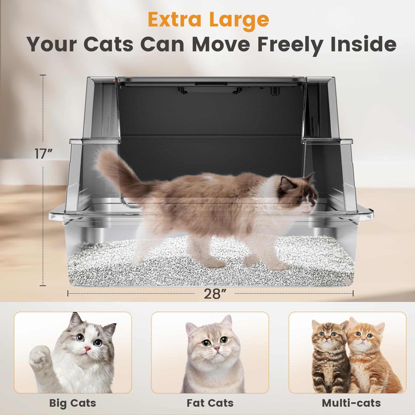 ANKJIWZ stainless-steel cat litter tray shown with spacious interior.