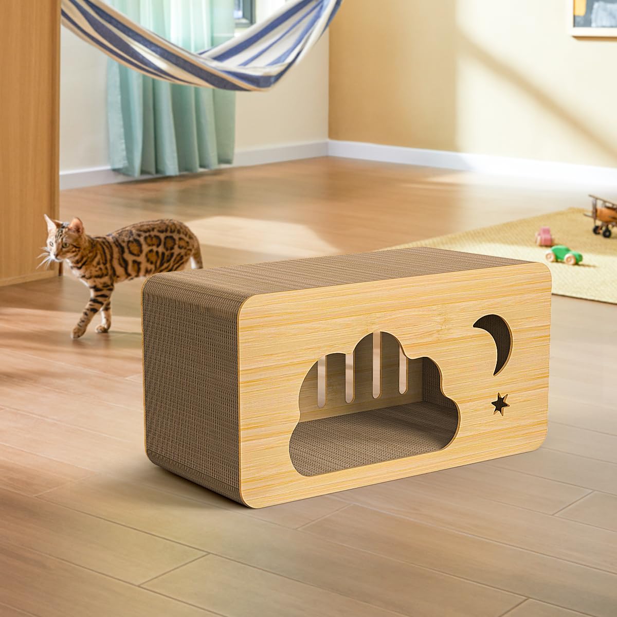 Ankuliy cat scratcher house assembled view demonstrates simple, tool-free setup.