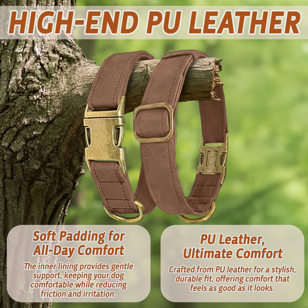 ANMUDA leather dog collar brown close-up shows durable stitching and hardware