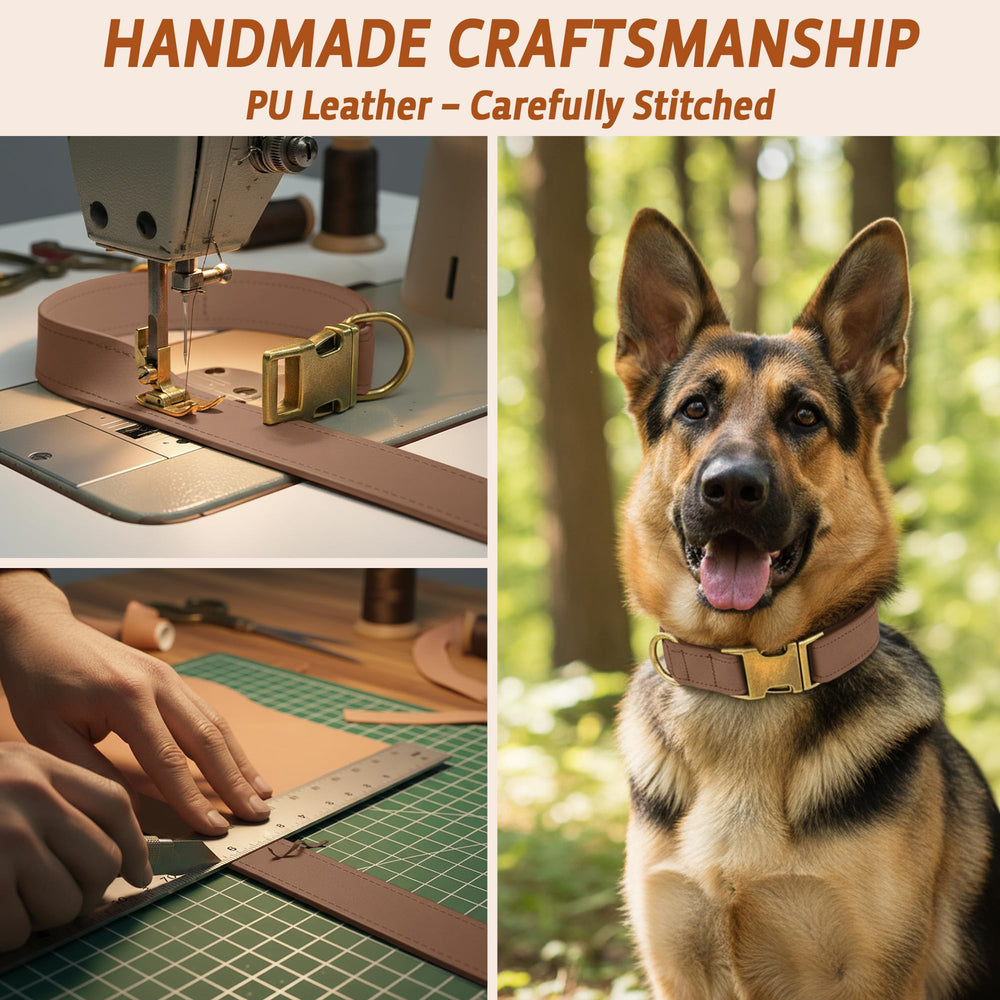 ANMUDA leather dog collar shown in S, M, L to fit growing dogs