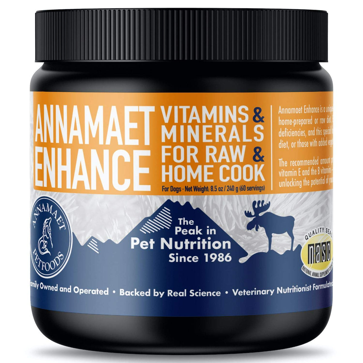Annamaet Enhance bottle-front showing balanced nutrition for dogs' meals