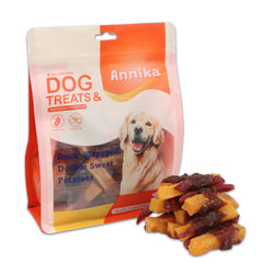 Annika duck wrapped sweet potato treats pack closeup – premium protein snack for training rewards.