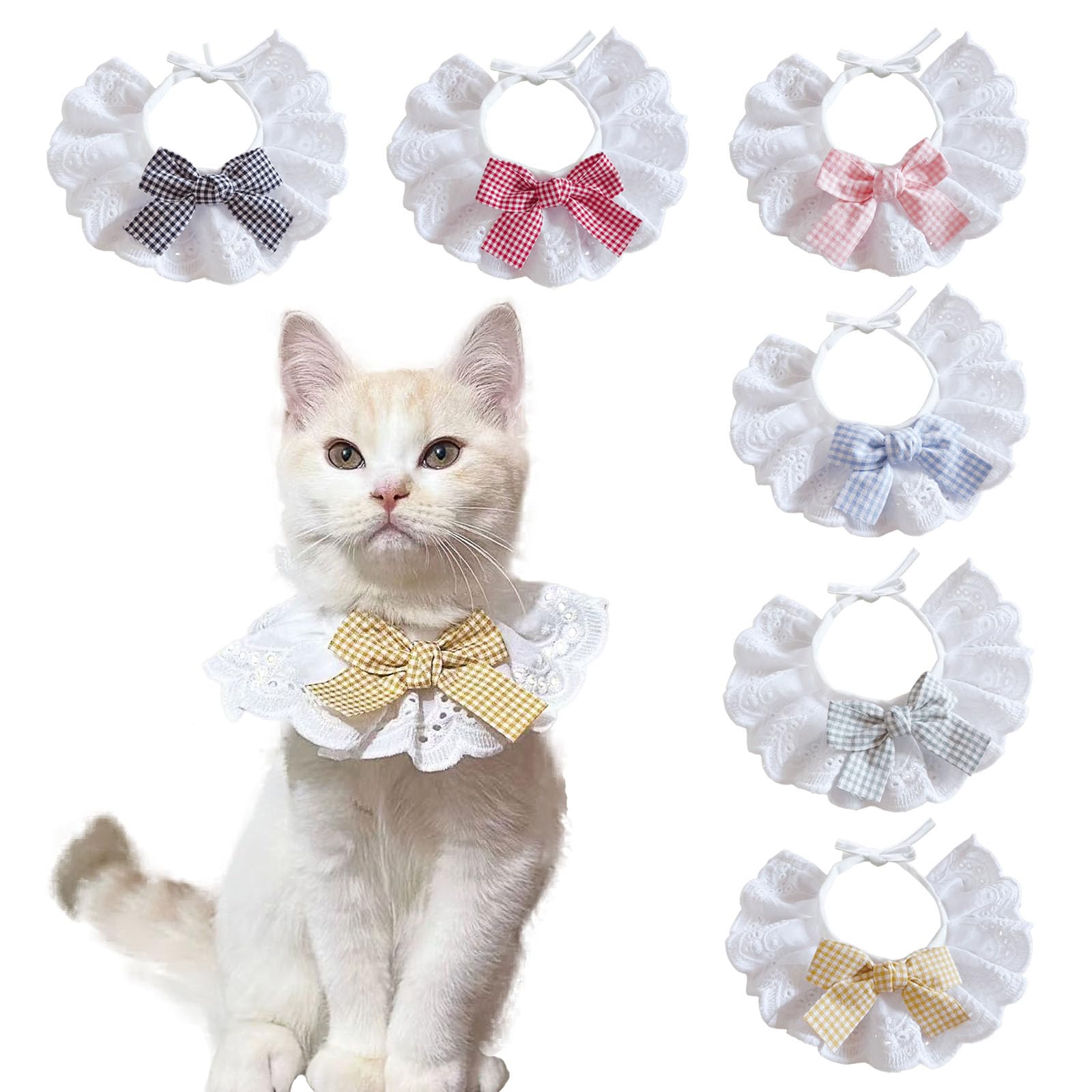 ANNUOZE 6pc lace bib set shows vibrant colors for stylish cats and small dogs