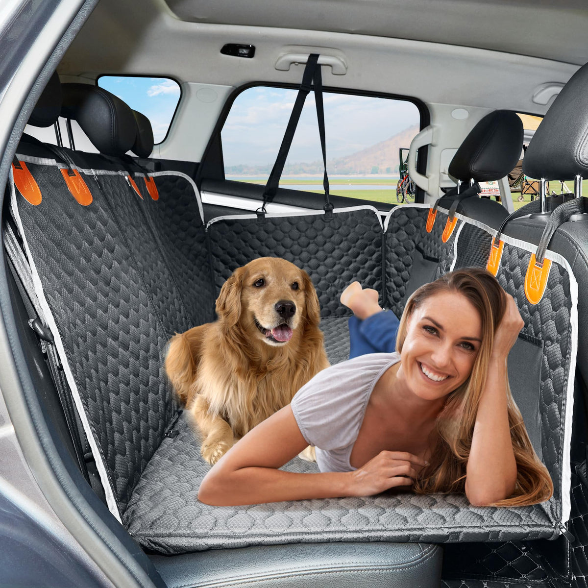 ANOSOSPECIAL back seat extender forms a comfortable bed for dogs during car trips