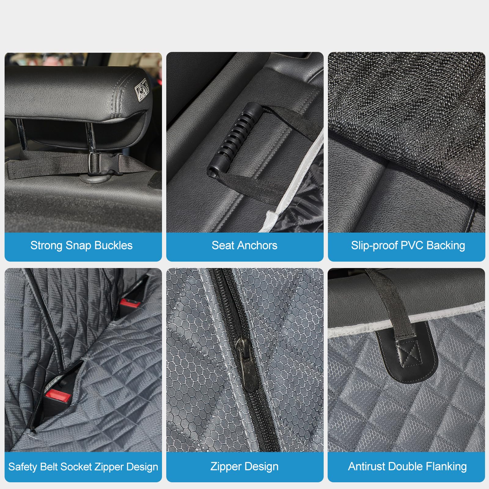 ANOSOSPECIAL grey seat cover displayed with easy installation straps