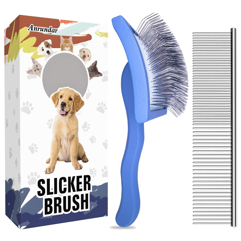 Anrundar dog slicker brush large blue handle gliding through thick coat for gentle detangling