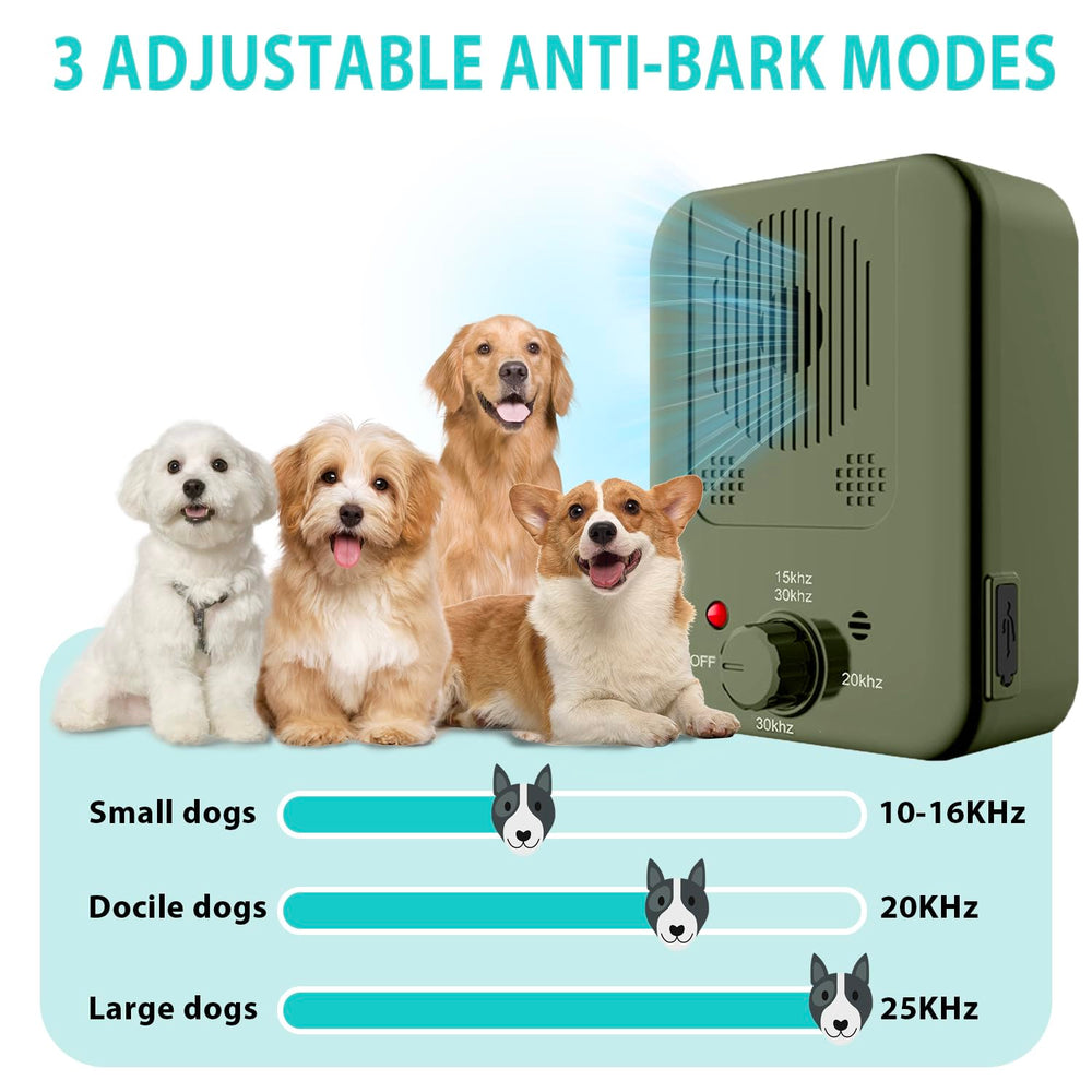 Anti Barking Device range coverage shows 33 feet detection and 50 feet effective reach.