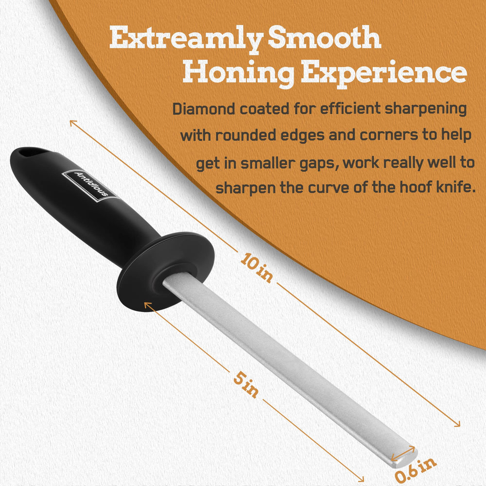 Antidious portable 5-inch sharpener fits in pockets for field maintenance.