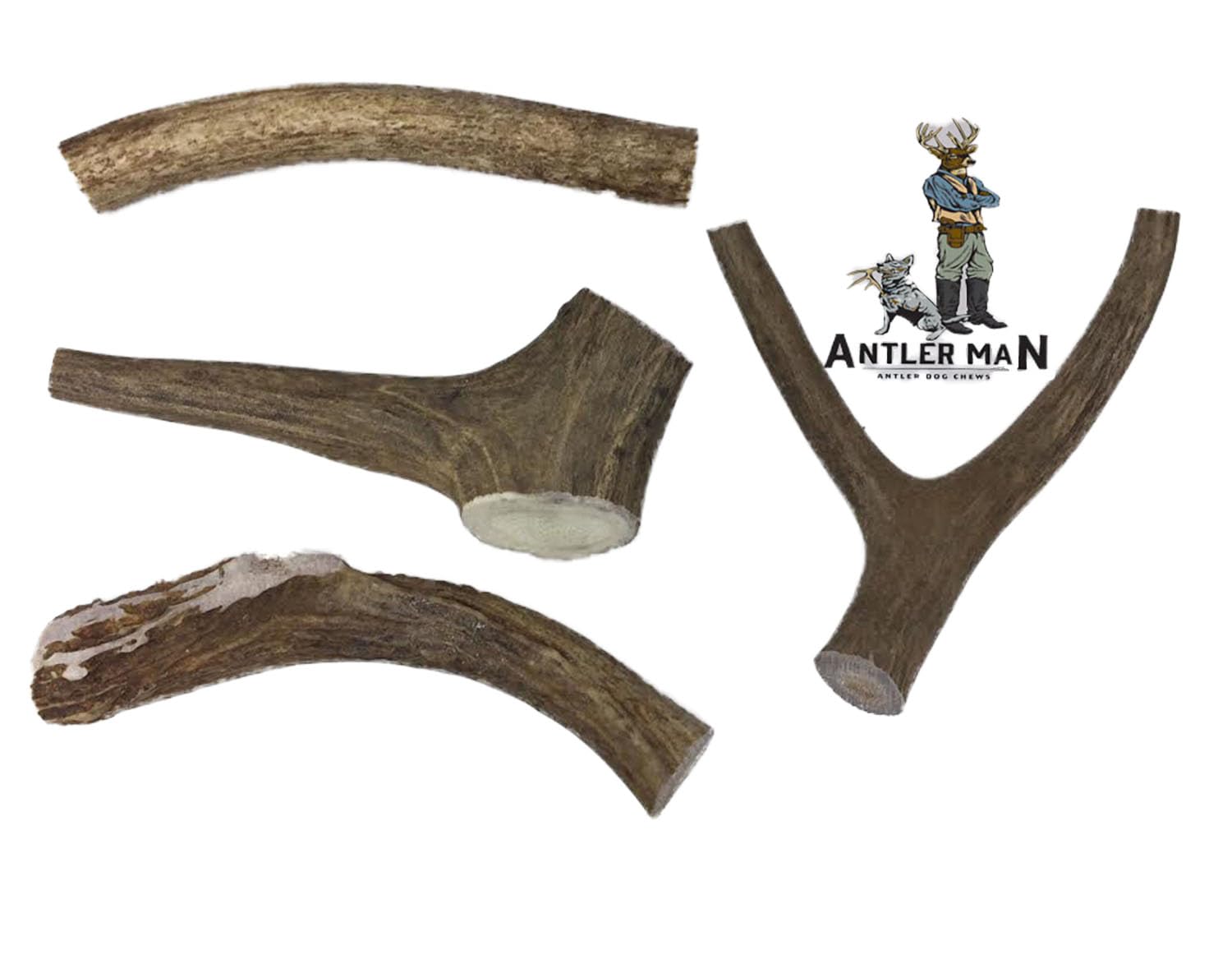 Antler Man Premium Deer Antler Pieces packaging bag illustrates per-pound availability.