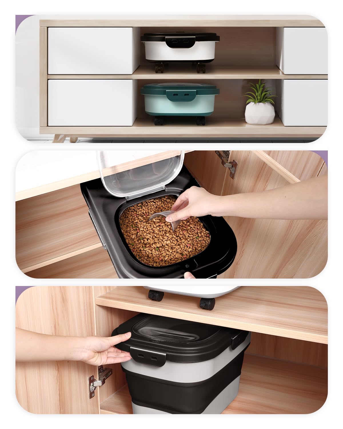 ANVS collapsible dog food container saves pantry space when not in use.