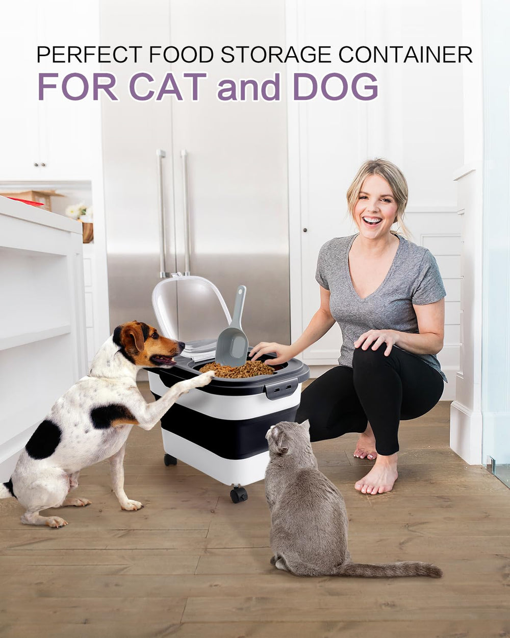 ANVS dog and cat food storage on wheels for easy transport.