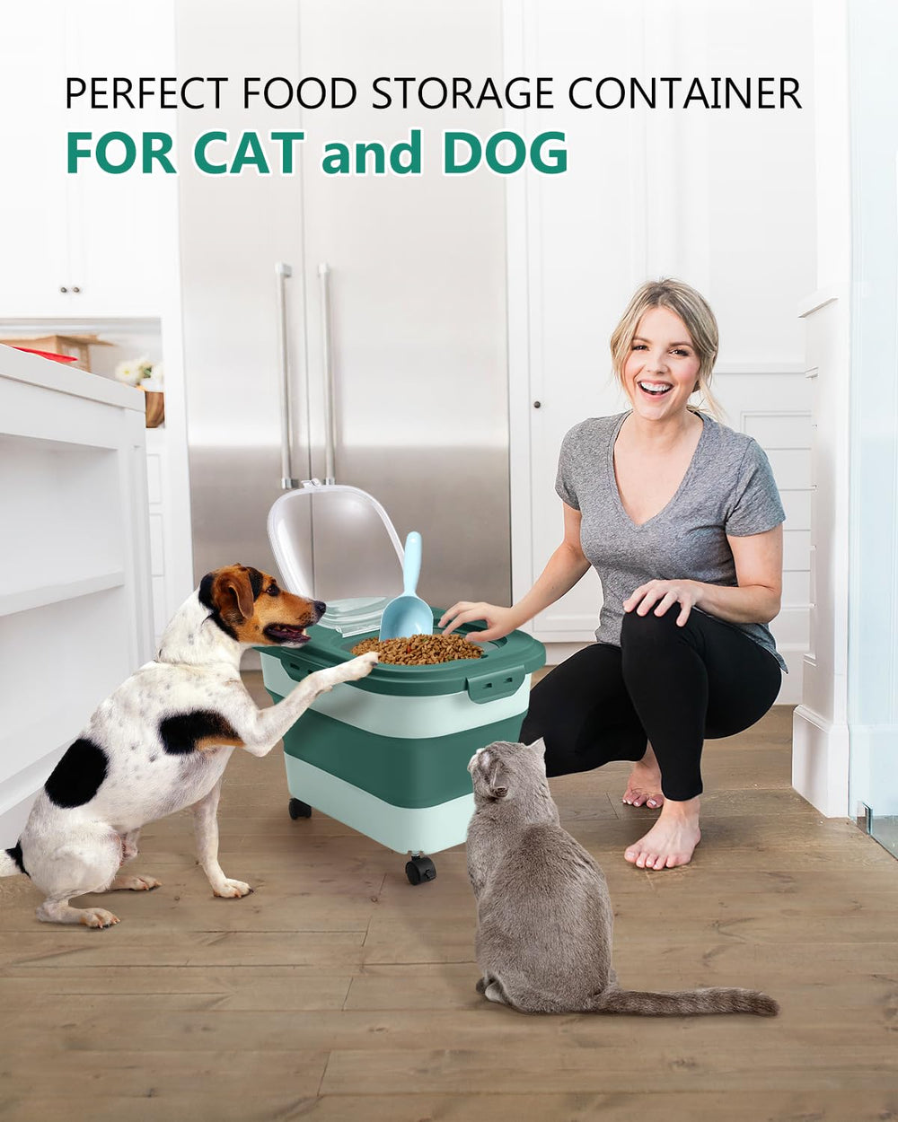 ANVS dog food container with four casters for easy relocation in the kitchen.