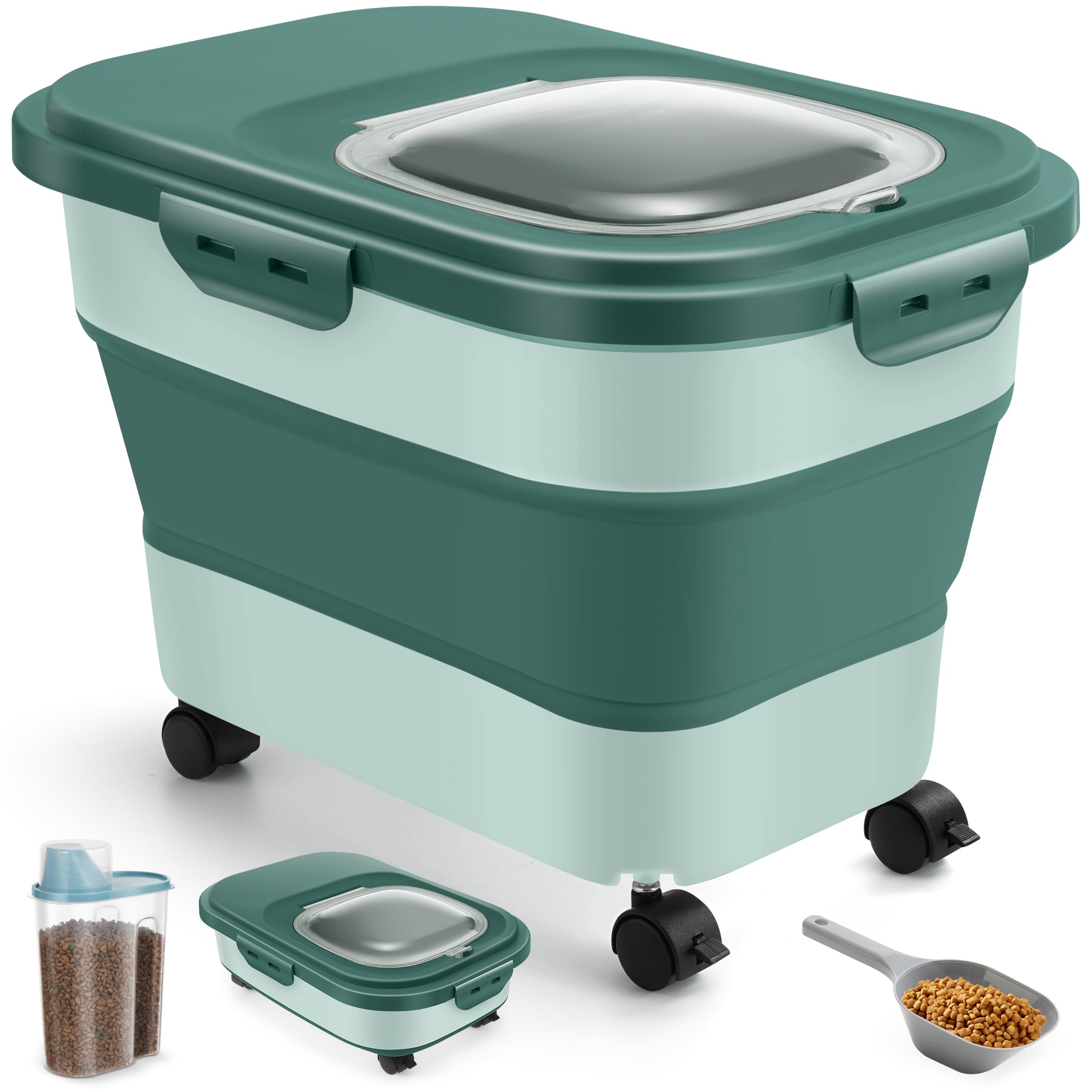 ANVS collapsible dog food container with wheels for space-saving transport.