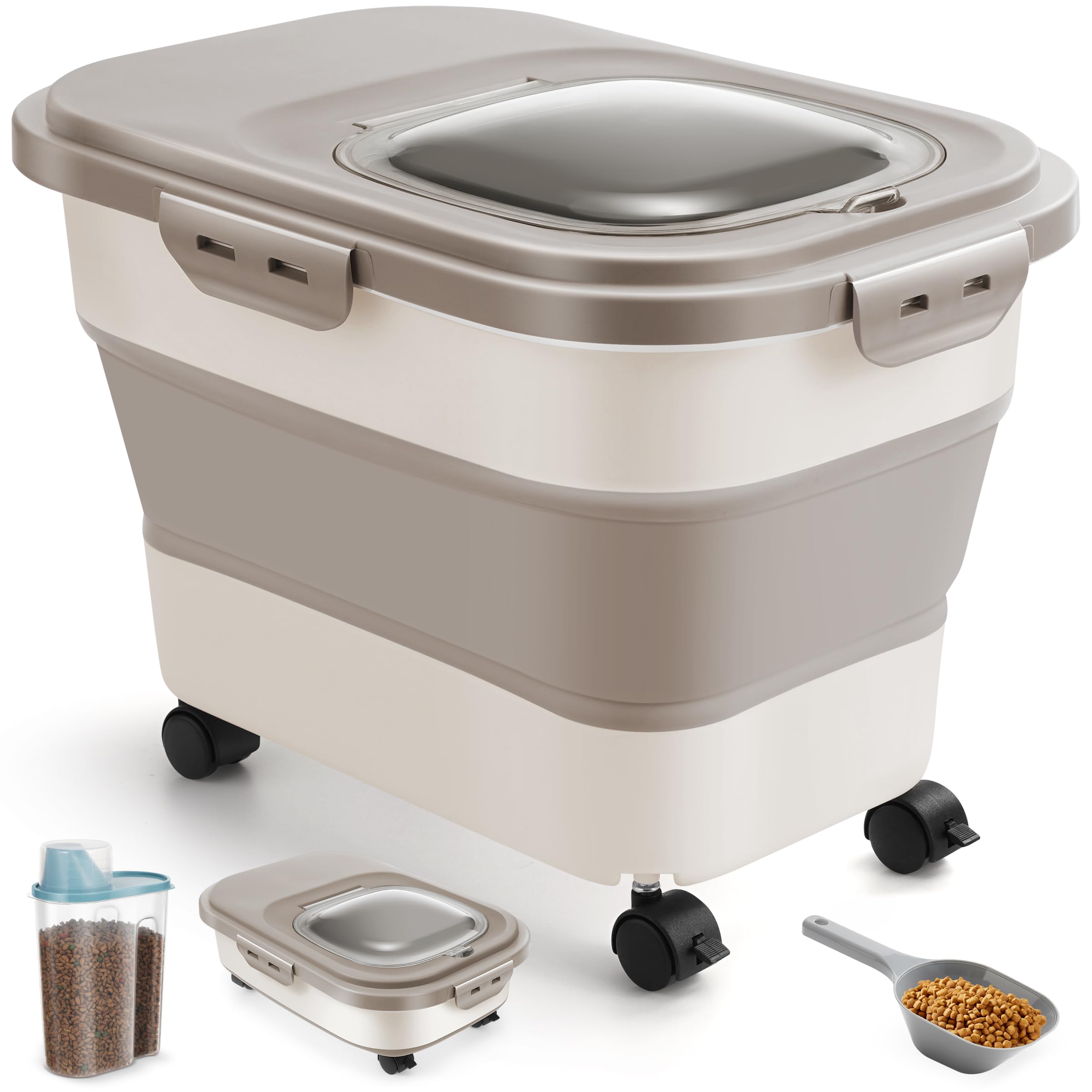 ANVS dog food storage container with collapsible design saves cupboard space.