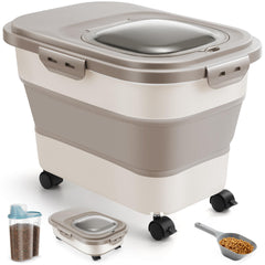 ANVS dog food storage container with collapsible design saves cupboard space.