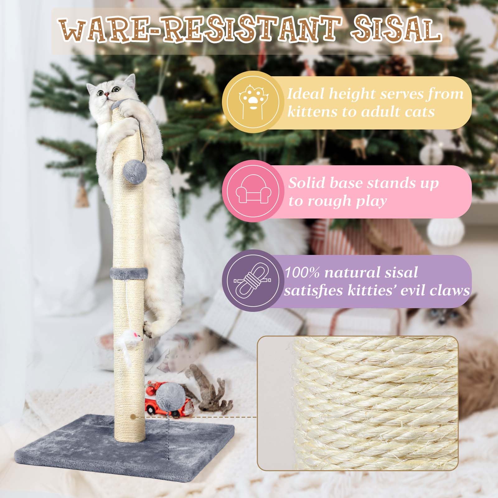 ANWA 32-inch tall cat scratching post stable base provides reliable stability during play.