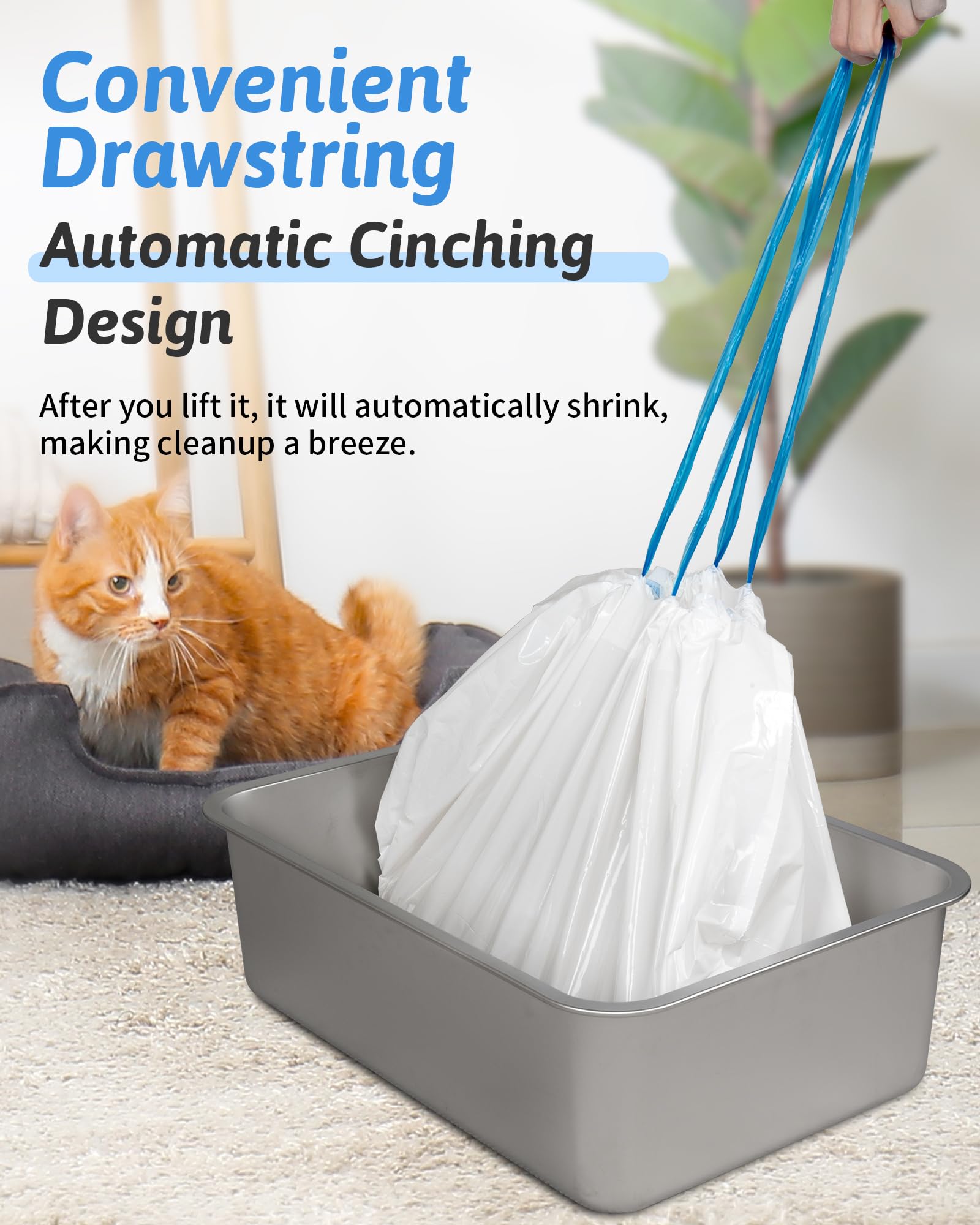 ANWA drawstring cat litter bag action shows simple sealing and odor containment.