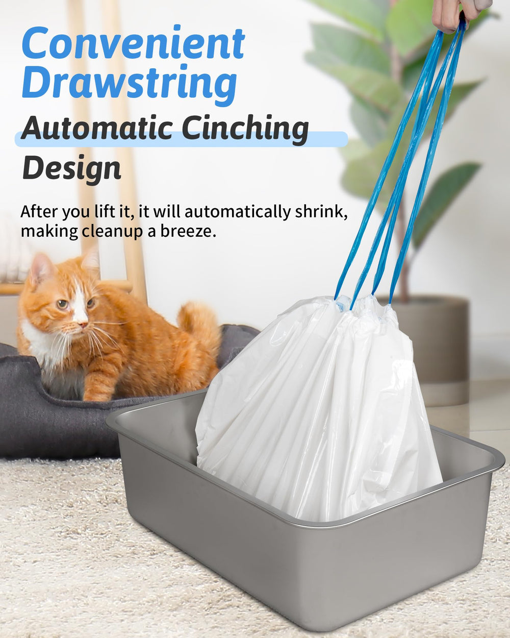 ANWA drawstring cat litter bag action shows simple sealing and odor containment.