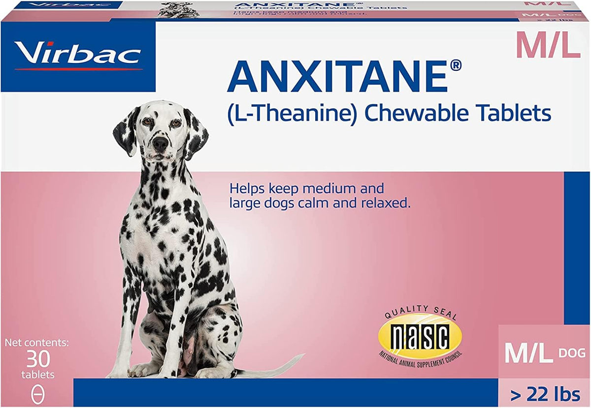 Anxitane M & L chewable tablets pack offers calming support for pets during travel and thunderstorms