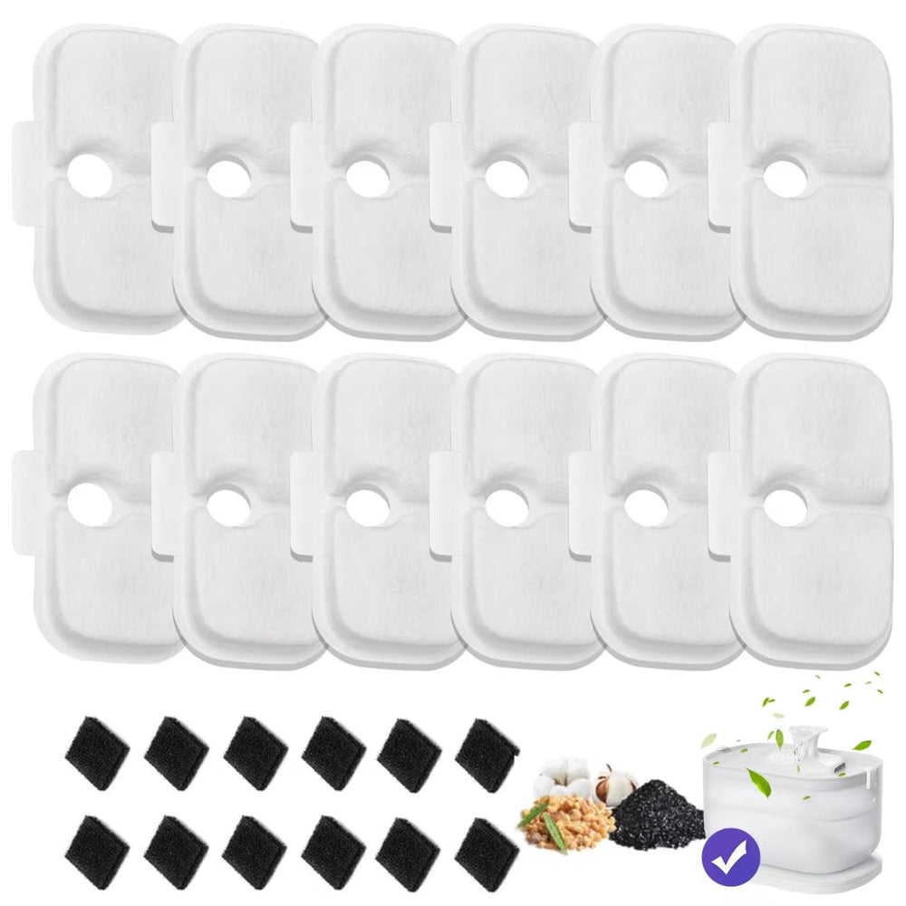 AnyEnjoy cat water fountain filter packaging highlights a 12-pack for PETLIBRO compatibility, convenient reservoir replacements.